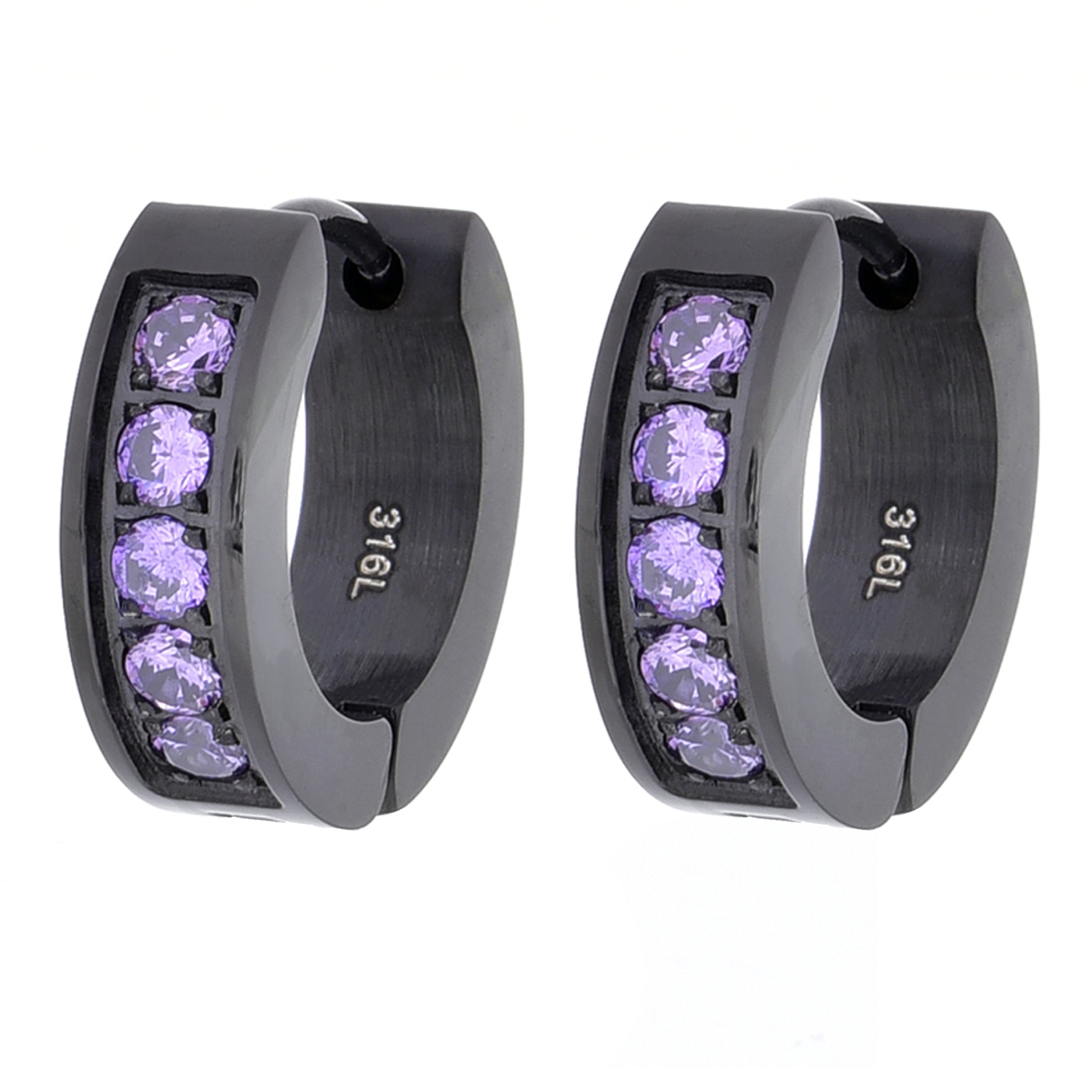 Truelements レディースピアス ブラックステンレス フープピアス パープルジルコニア5石 シンプルでエレガントなデザイン 金属アレルギー対応