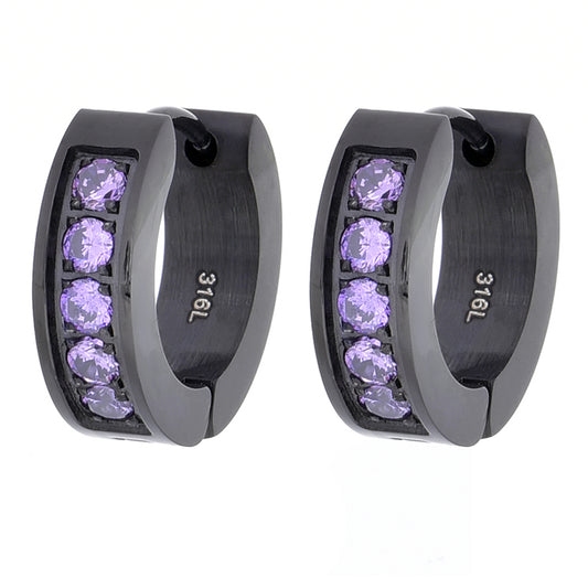 Truelements レディースピアス ブラックステンレス フープピアス パープルジルコニア5石 シンプルでエレガントなデザイン 金属アレルギー対応