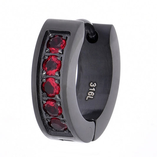 Truelements メンズ・レディース兼用ピアス ブラックステンレス フープピアス レッドクリスタル5石 シンプルデザイン 金属アレルギー対応