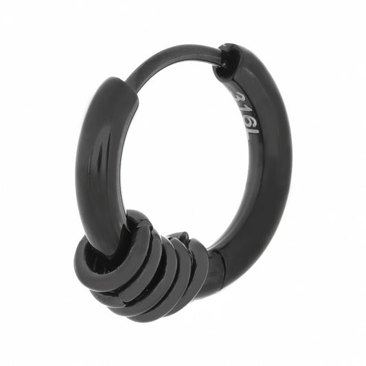 Truelements メンズ 5連リング付きシンプルフープピアス 正面画像 サージカルステンレス 316L ブラックイオンプレーティング (15mm) 片耳用