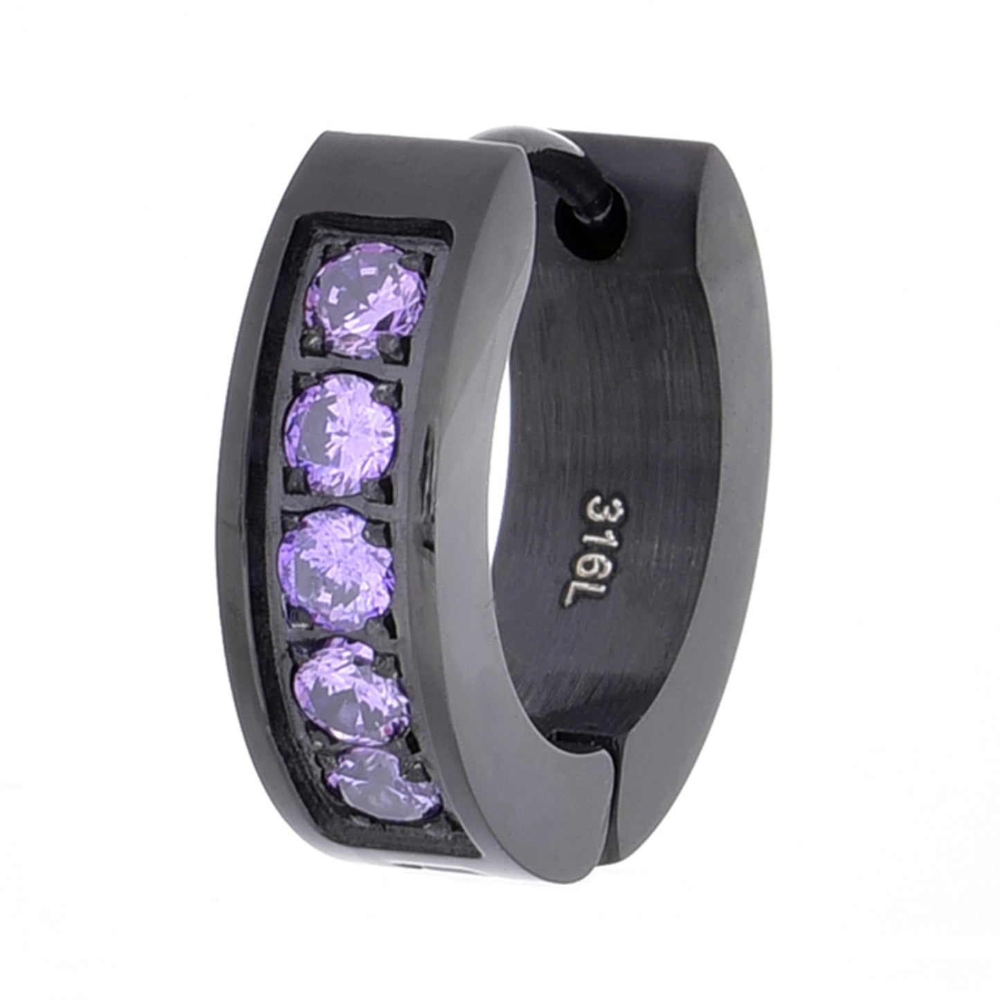 Truelements メンズピアス ブラックステンレス フープピアス パープルジルコニア5石 シンプルデザイン 金属アレルギー対応