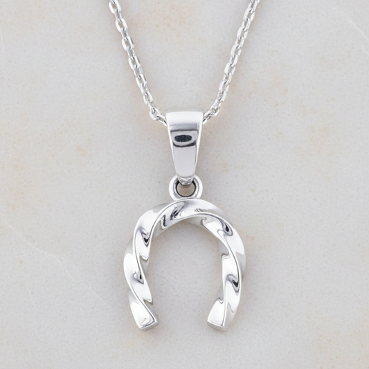 Truelements Jewelry sterling silver horseshoe necklace with a polished twisted design on a delicate chain