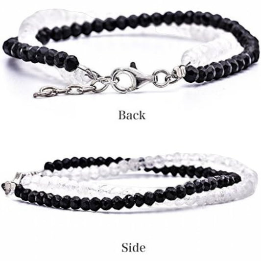Truelements Jewelry couple pair bracelets featuring 4mm black spinel and blue moonstone beads with sterling silver 925