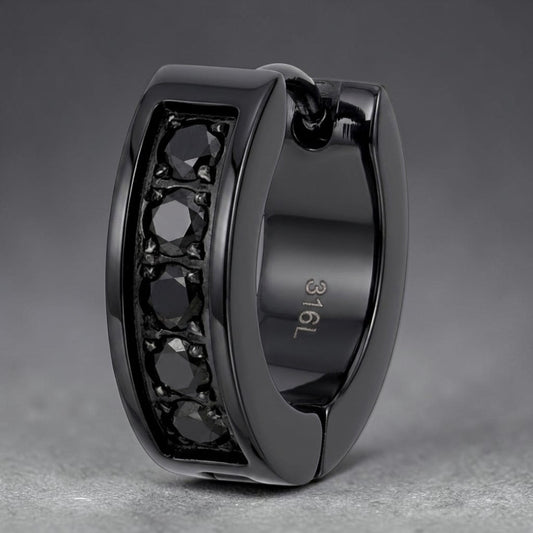 Truelements Jewelry men's black surgical stainless steel hoop earring with 2mm black zirconia stones