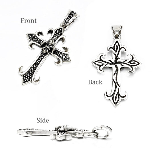 Truelements Jewelry sterling silver Celtic cross pendant featuring black zirconia and fleur-de-lis details.
