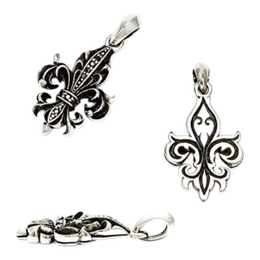 Truelements Jewelry sterling silver fleur-de-lis pendant with black zirconia and oxidized arabesque detailing