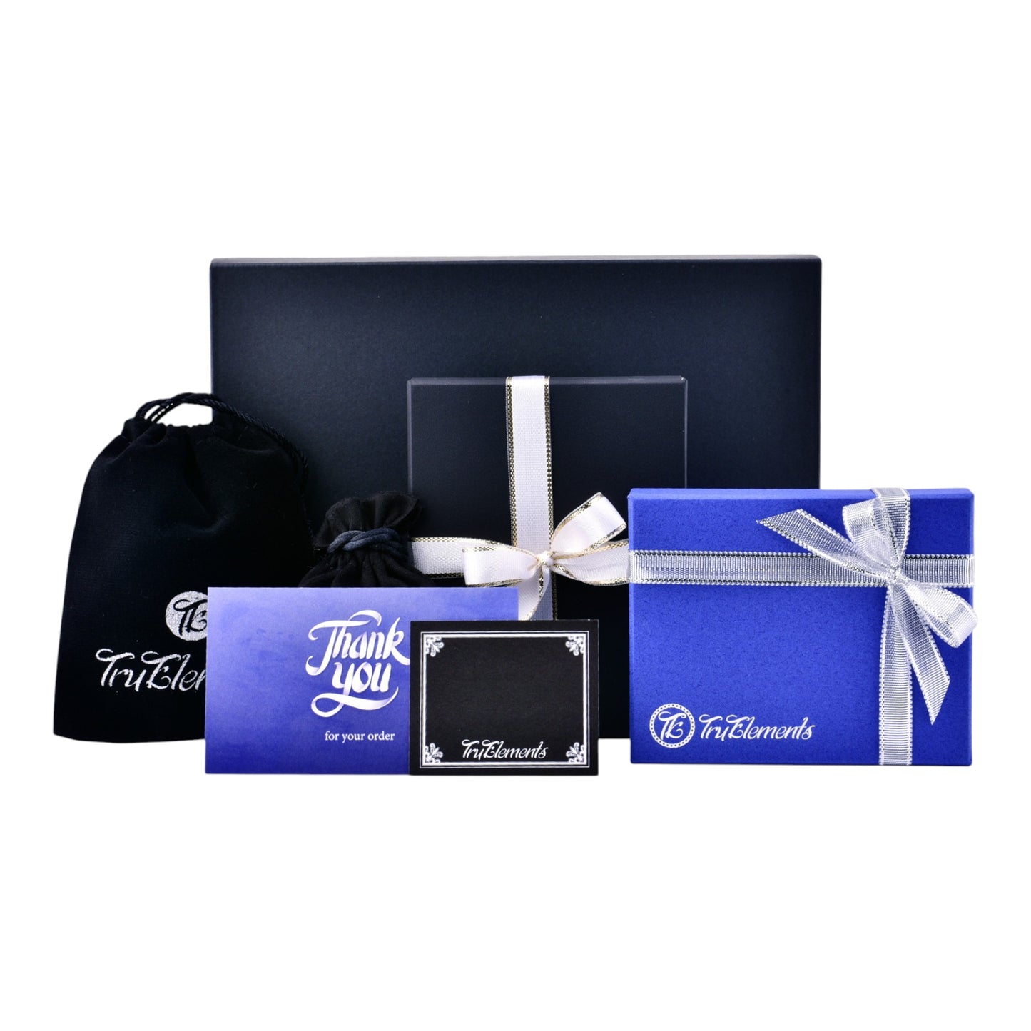Truelements Jewelry branded gift boxes, velvet pouch, and thank you card for premium jewelry packaging