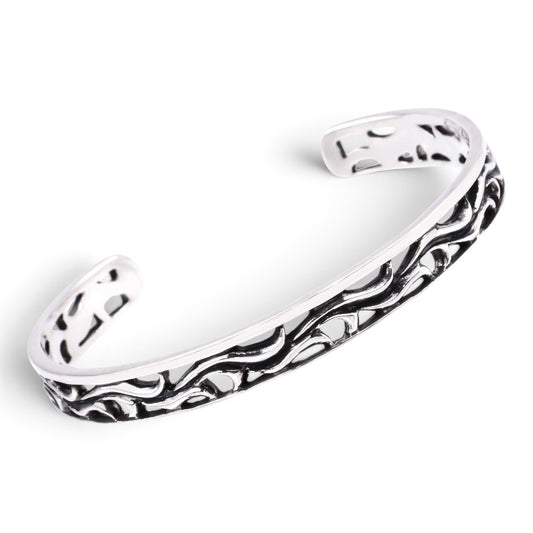 Truelements Jewelry sterling silver cuff bangle featuring intricate oxidized arabesque filigree scrollwork