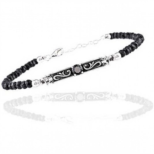 Truelements Jewelry sterling silver arabesque bracelet with black spinel beads and a central zirconia stone