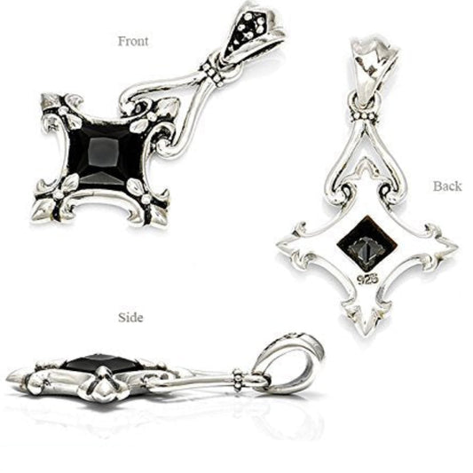 Truelements Jewelry sterling silver 925 Byzantine cross pendant featuring a black cubic zirconia and oxidized finish.