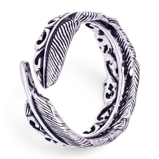 Truelements Jewelry sterling silver 925 adjustable ring featuring an intricate feather and arabesque scroll design