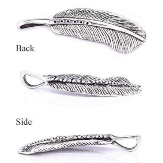 Truelements Jewelry small sterling silver feather pendant with clear zirconia and antique oxidized finish