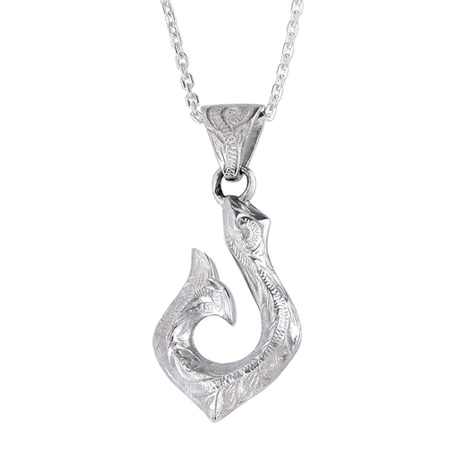 Truelements Jewelry silver 925 Hawaiian fish hook pendant with engraved scroll wave patterns on a silver chain
