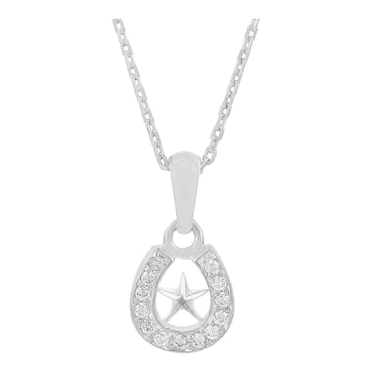 Truelements Jewelry sterling silver horseshoe pendant necklace featuring a central star and clear cubic zirconia