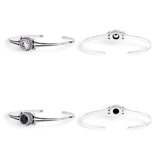 Truelements Jewelry sterling silver couple bangle set with 8mm clear and black cubic zirconia stones