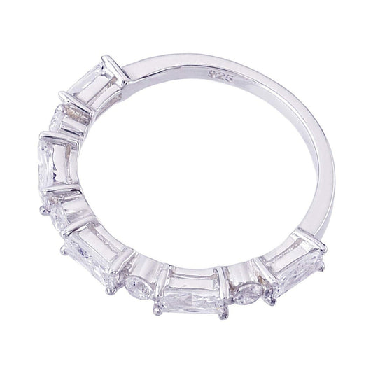 Truelements Jewelry sterling silver pinky ring featuring alternating round and square clear zirconia stones.