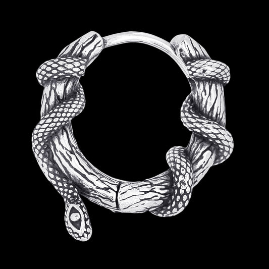 Truelements Jewelry men's 18G surgical stainless steel hoop earring featuring a detailed coiled snake motif.