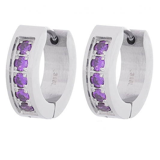 レディース シルバー ピアス サージカル ステンレス シンプル フープ パープル (紫) ジルコニア 金属 アレルギー 316l リングピアス 両耳用、フロントイメージ