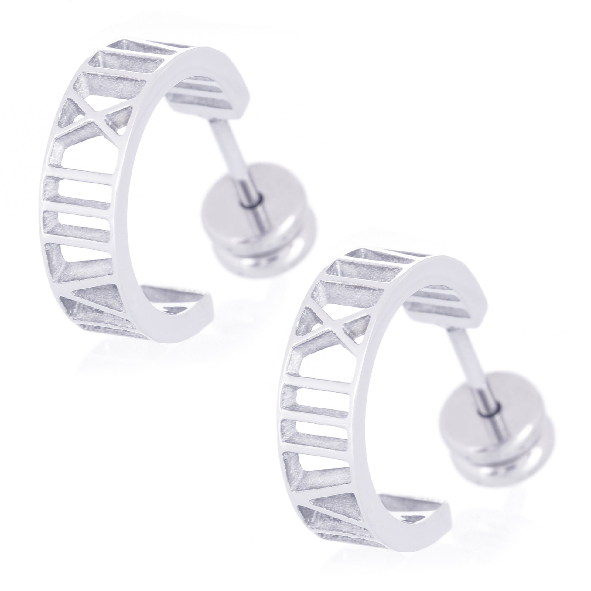 レディースピアスローマ数字ハーフフープシルバースタッズ両耳用サージカルステンレス金属アレルギー 316L、フロントイメージ