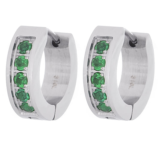 レディース シルバー ピアス サージカル ステンレス シンプル フープ グリーン (緑) ジルコニア 金属 アレルギー 316l リングピアス 両耳用、フロントイメージ