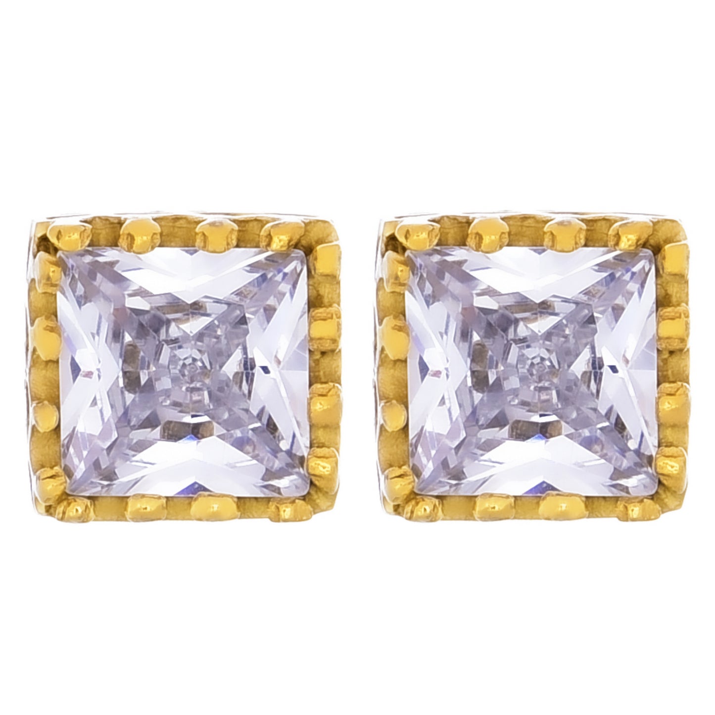 レディースピアス ゴールド王冠 サージカルステンレス金属アレルギー 316l 四角クラウンスタッズ一粒ジルコニア両耳用、フロントイメージ