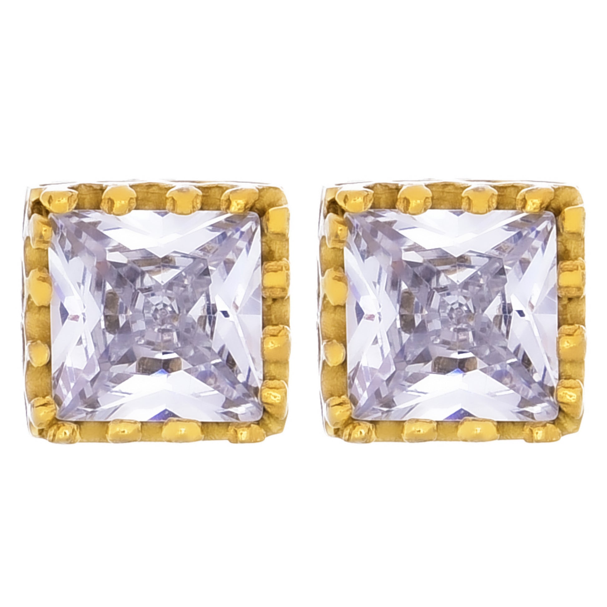 レディースピアス ゴールド王冠 サージカルステンレス金属アレルギー 316l 四角クラウンスタッズ一粒ジルコニア両耳用、フロントイメージ