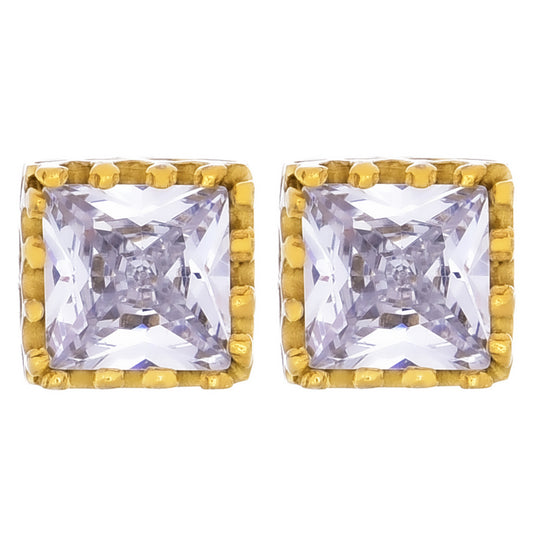 レディースピアス ゴールド王冠 サージカルステンレス金属アレルギー 316l 四角クラウンスタッズ一粒ジルコニア両耳用、フロントイメージ