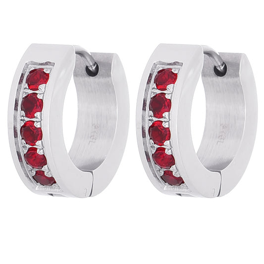 レディース シルバー ピアス サージカル ステンレス シンプル フープ レッド (赤) クリスタルガラス ジルコニア 金属 アレルギー 316l リングピアス 両耳用、フロントイメージ
