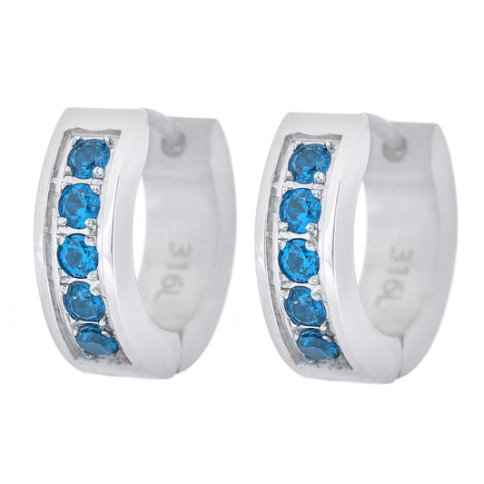 レディースシルバーピアスサージカルステンレス両耳用フープ金属アレルギー316lリングピアスアイスブルージルコニア、フロントイメージ