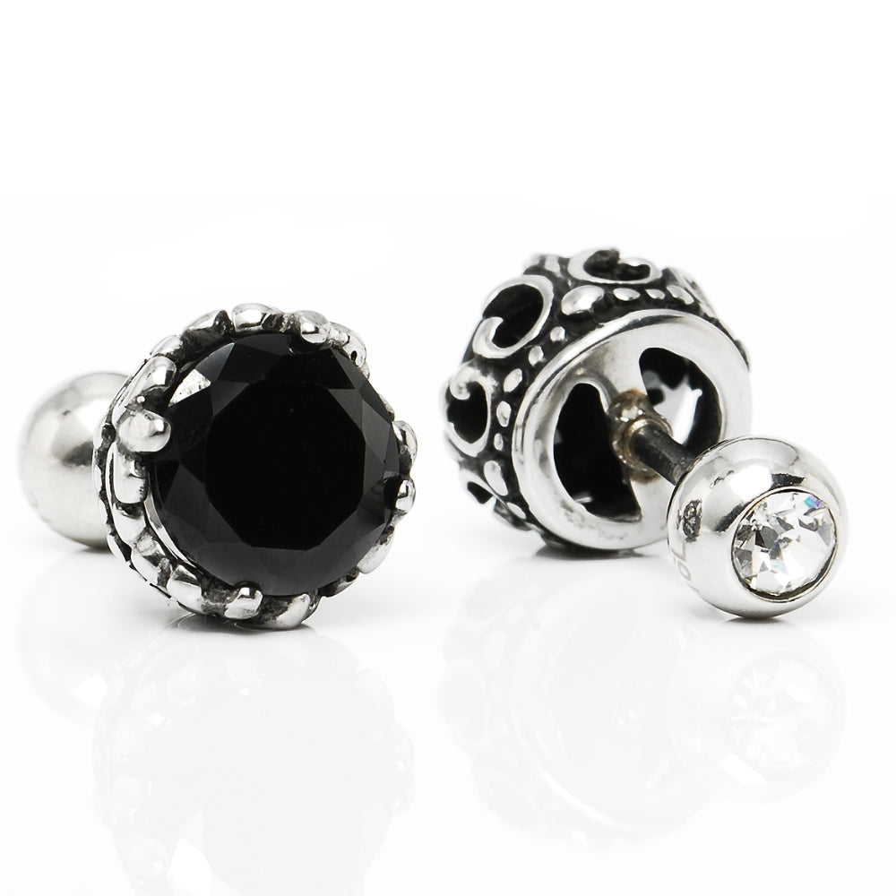 Truelements メンズ レディース 18g ピアス クラウン サージカルステンレス 316L 金属アレルギー対応 王冠 スタッド ネジ式 片耳用 ブラック ジルコニア 7mm シルバー 1個売り TEEST-0016 - フロントビュー