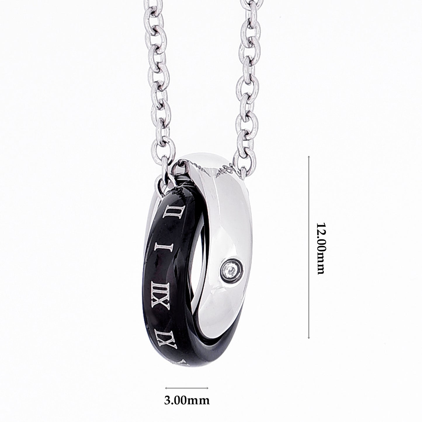 ローマ数字 ブラック ネックレス サージカルステンレス 金属アレルギー 316L ダブル リング ペンダントトップ ジルコニア、ディテールイメージ
