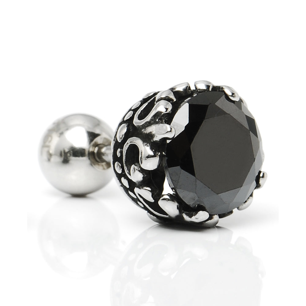 Truelements メンズ レディース 18g ピアス クラウン サージカルステンレス 316L 金属アレルギー対応 王冠 スタッド ネジ式 片耳用 ブラック ジルコニア 7mm シルバー 1個売り TEEST-0016 - フロントビュー