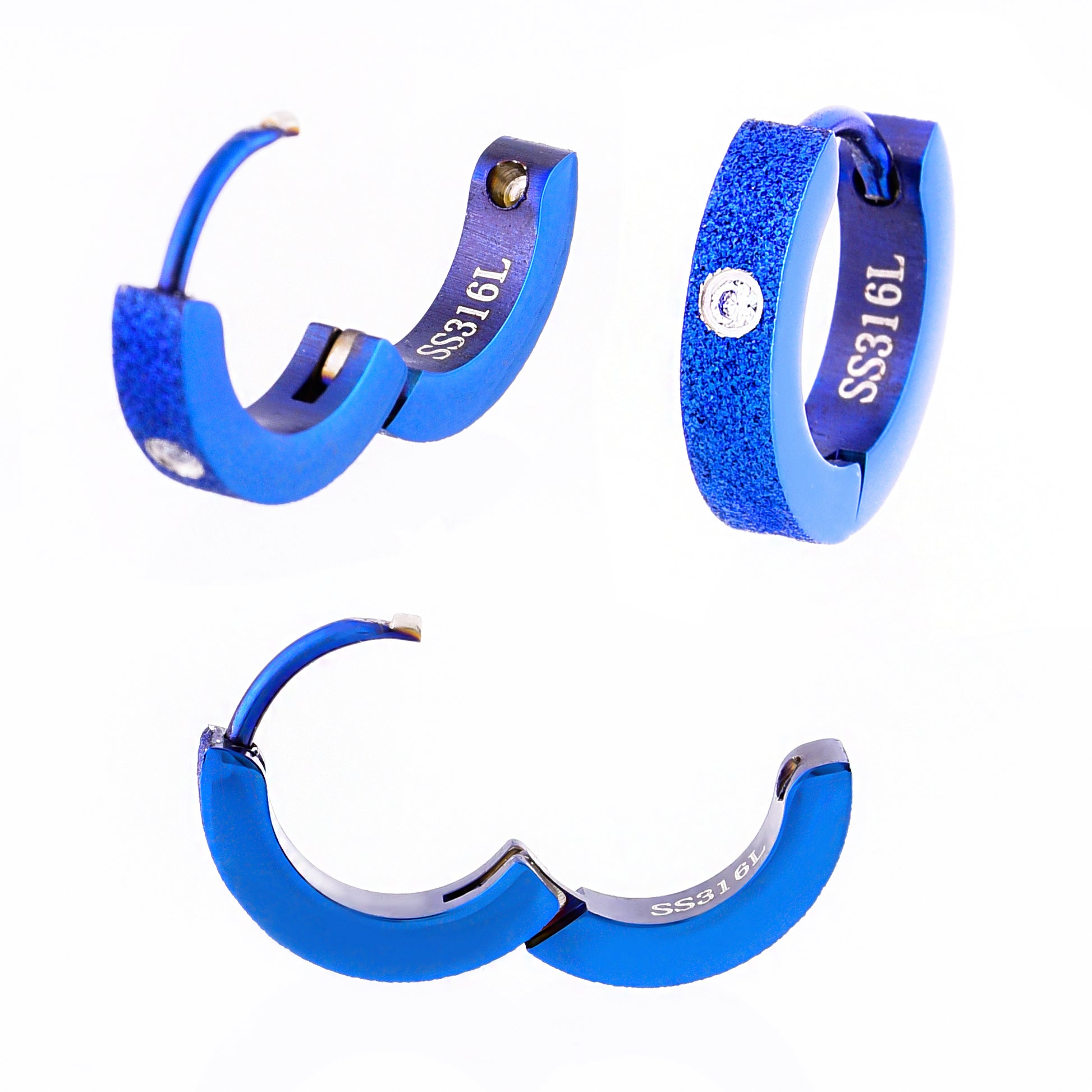 Truelements メンズ レディース リングピアス サージカルステンレス 金属アレルギー対応 316L フープピアス ジルコニア 片耳用 ブルー クローズアップ