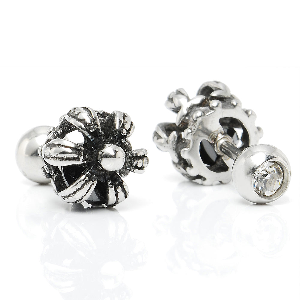 Truelements メンズ レディース 18g ピアス クラウン サージカルステンレス 316L 金属アレルギー対応 王冠 スタッド ネジ式 片耳用 ブラック ジルコニア シルバー 1個売り TEEST-0017 - ディテールビュー