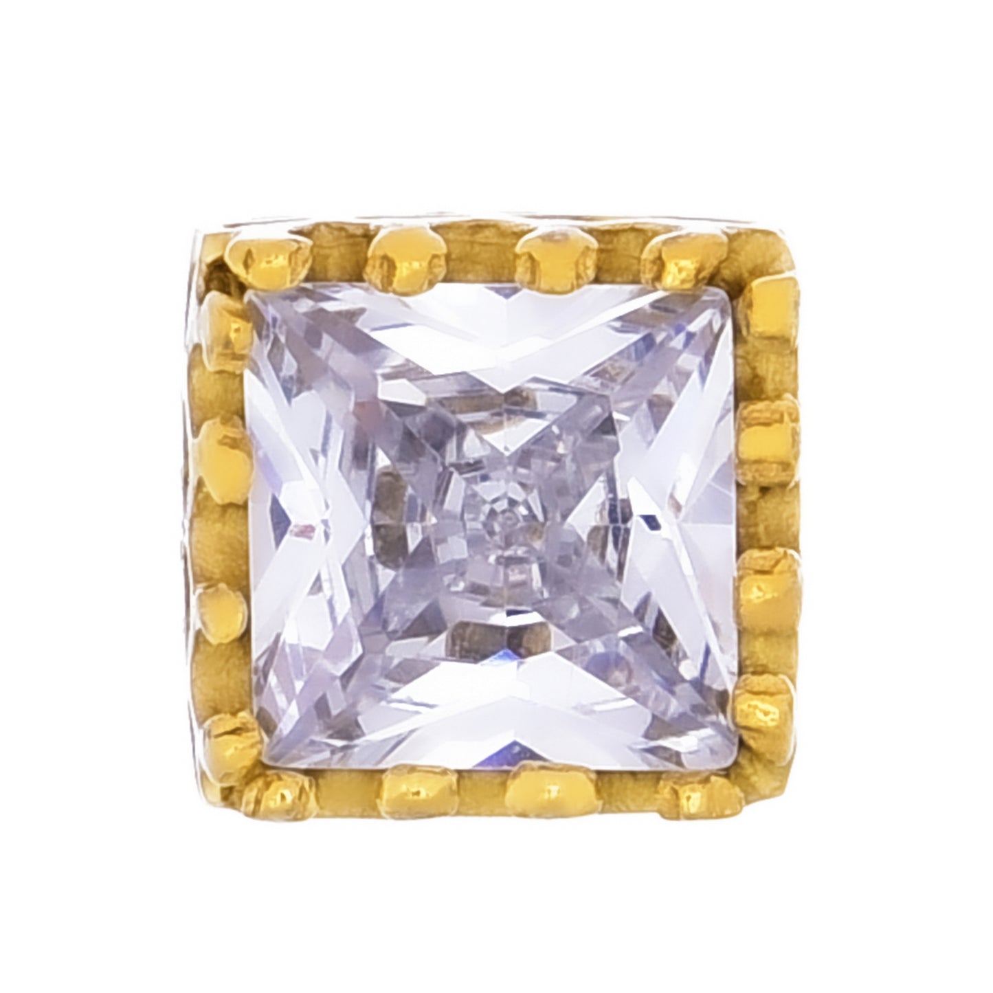 メンズピアスゴールド王冠 サージカルステンレス金属アレルギー 316l 四角クラウンスタッド一粒ジルコニア、フロントイメージ