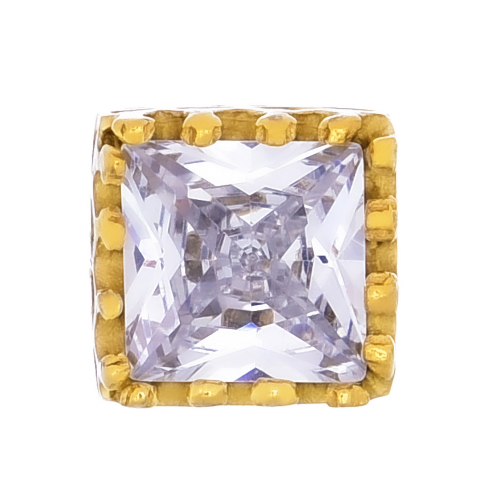 メンズピアスゴールド王冠 サージカルステンレス金属アレルギー 316l 四角クラウンスタッド一粒ジルコニア、フロントイメージ