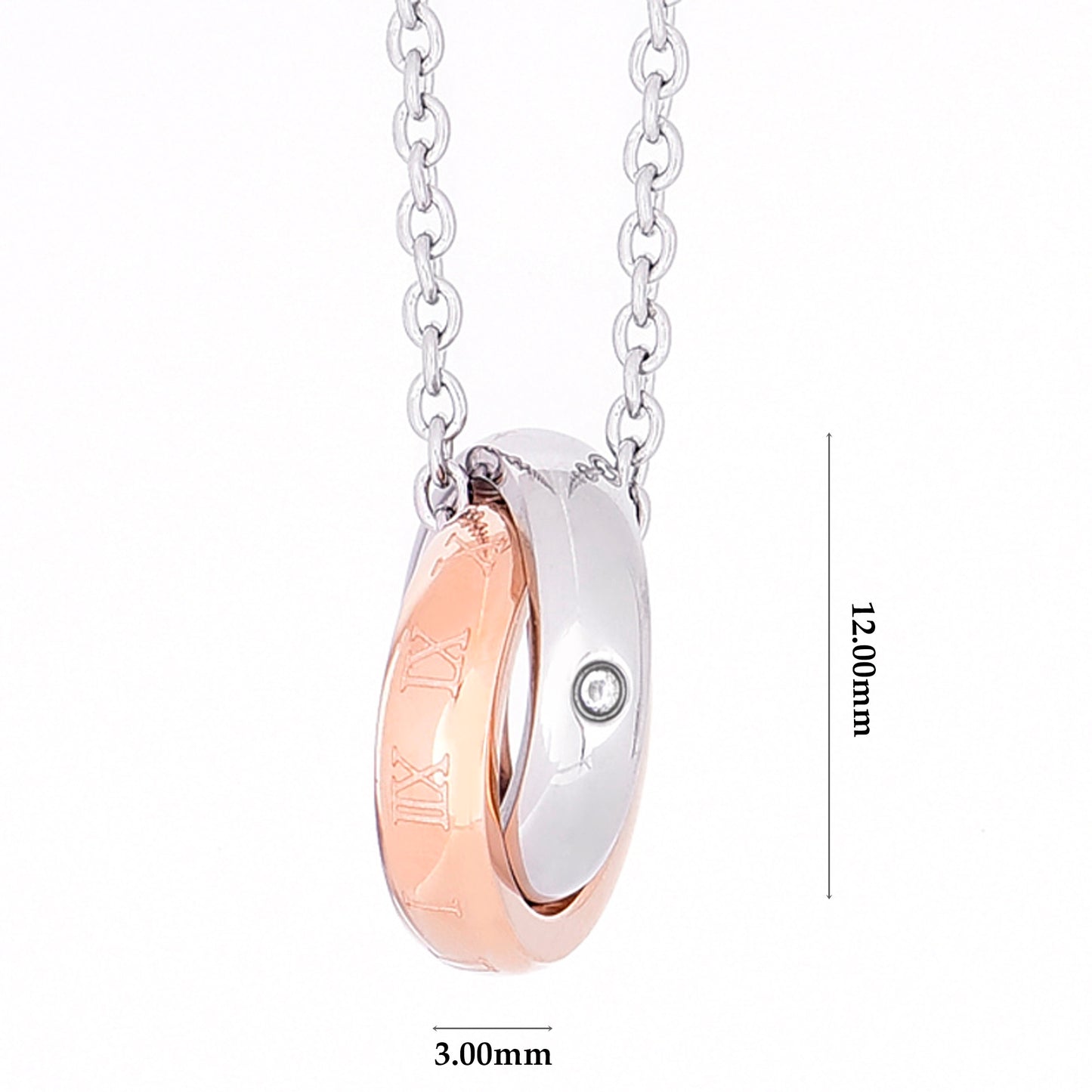 ローマ数字 ピンクゴールド ネックレス サージカルステンレス 金属アレルギー 316L ダブル リング ペンダントトップ ジルコニア、ディテールイメージ