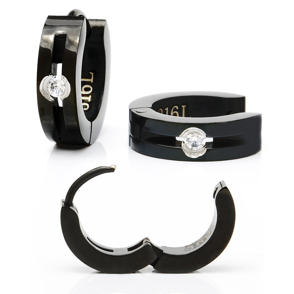 サージカルステンレスブラックフープ金属アレルギー316L リングピアスジルコニア片耳用、ディテールイメージ