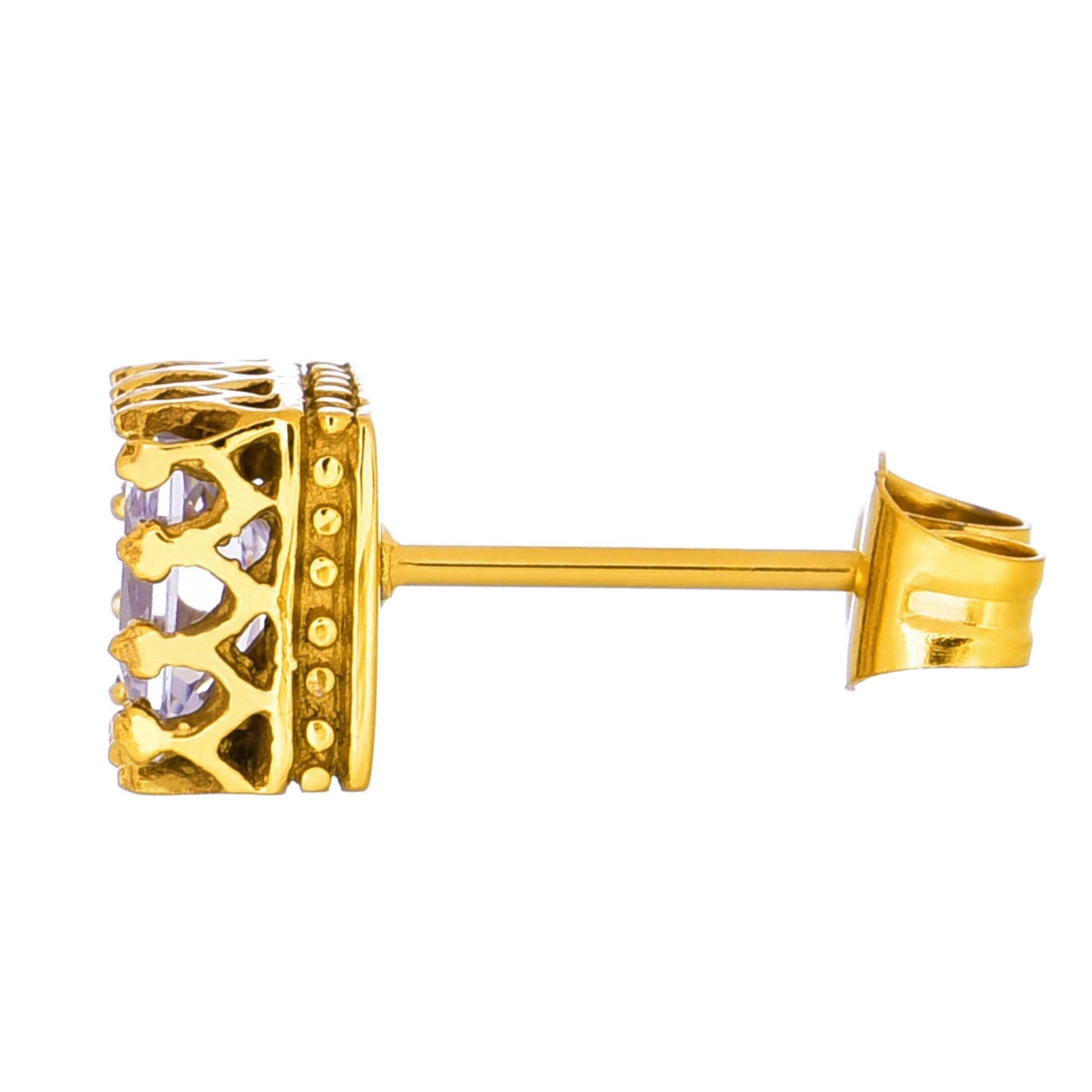 メンズピアスゴールド王冠 サージカルステンレス金属アレルギー 316l 四角クラウンスタッド一粒ジルコニア、サイドイメージ