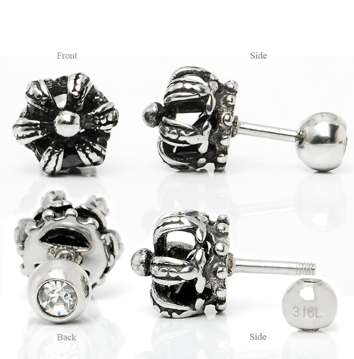 Truelements メンズ レディース 18g ピアス クラウン サージカルステンレス 316L 金属アレルギー対応 王冠 スタッド ネジ式 片耳用 ブラック ジルコニア シルバー 1個売り TEEST-0017 - ディテールビュー