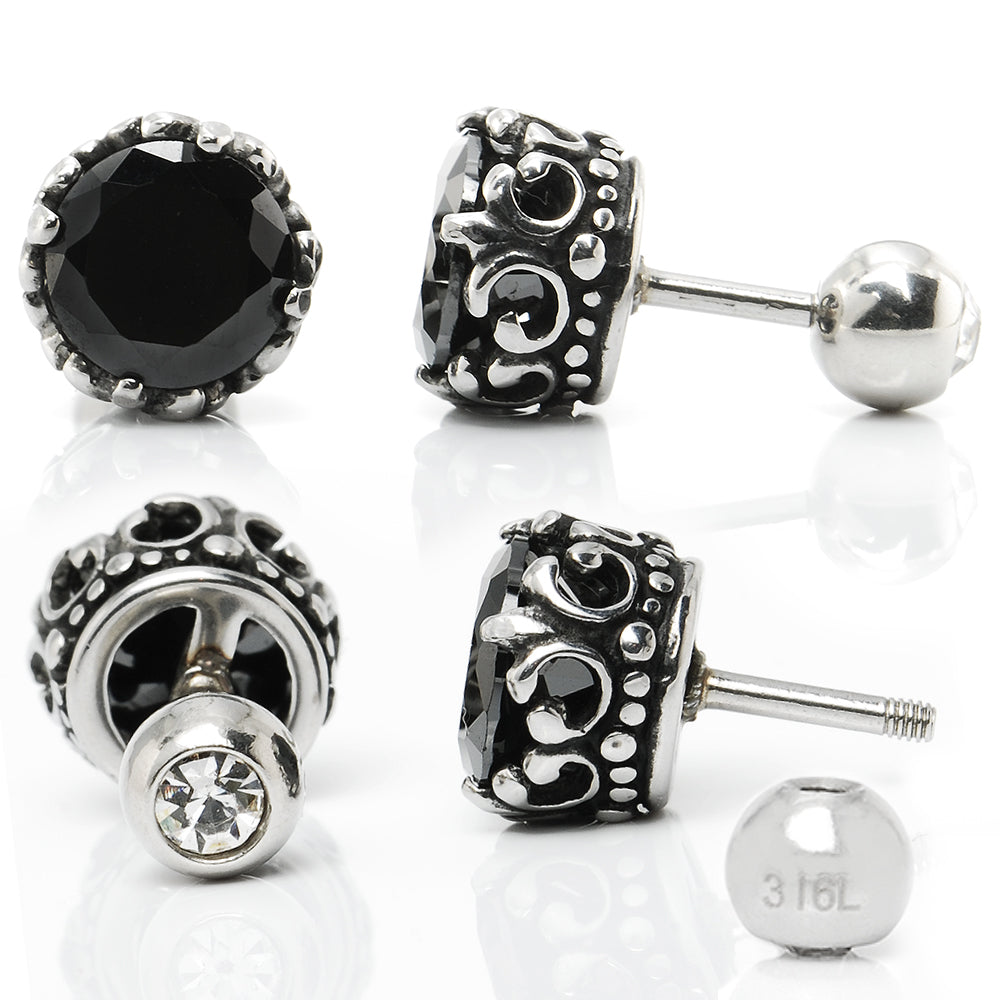 Truelements メンズ レディース 18g ピアス クラウン サージカルステンレス 316L 金属アレルギー対応 王冠 スタッド ネジ式 片耳用 ブラック ジルコニア 7mm シルバー 1個売り TEEST-0016 - ディテールビュー