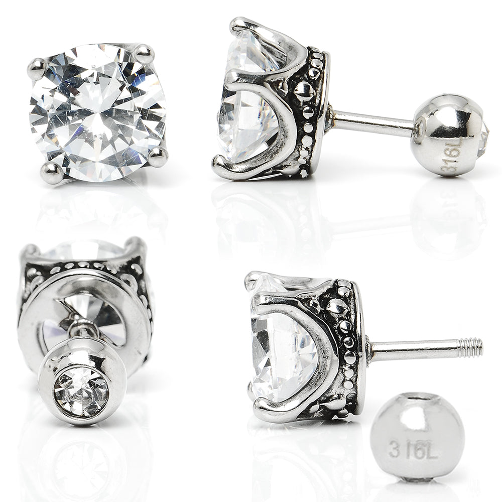 Truelements メンズ レディース 18g ピアス クラウン サージカルステンレス 316L 金属アレルギー対応 王冠 スタッド ネジ式 片耳用 クリア ジルコニア 8mm シルバー 1個売り TEEST-0015 - ディテールビュー