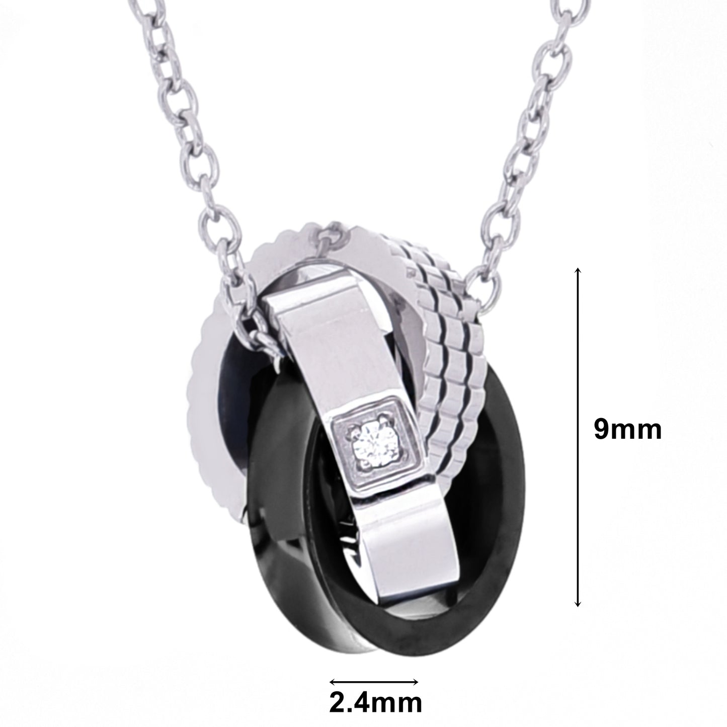 カップル お揃い ペア ネックレス 3連リング シンプル シルバー チャーム サージカル ステンレス 金属 アレルギー 316l ブラック & ピンクゴールド スリーリング サークル ペンダント トップ ジルコニア、メンズタイプディテールイメージ