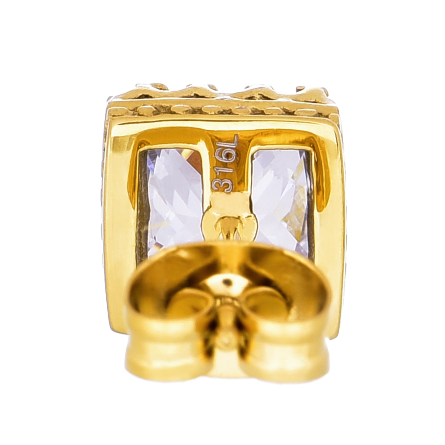 メンズピアスゴールド王冠 サージカルステンレス金属アレルギー 316l 四角クラウンスタッド一粒ジルコニア、バックイメージ