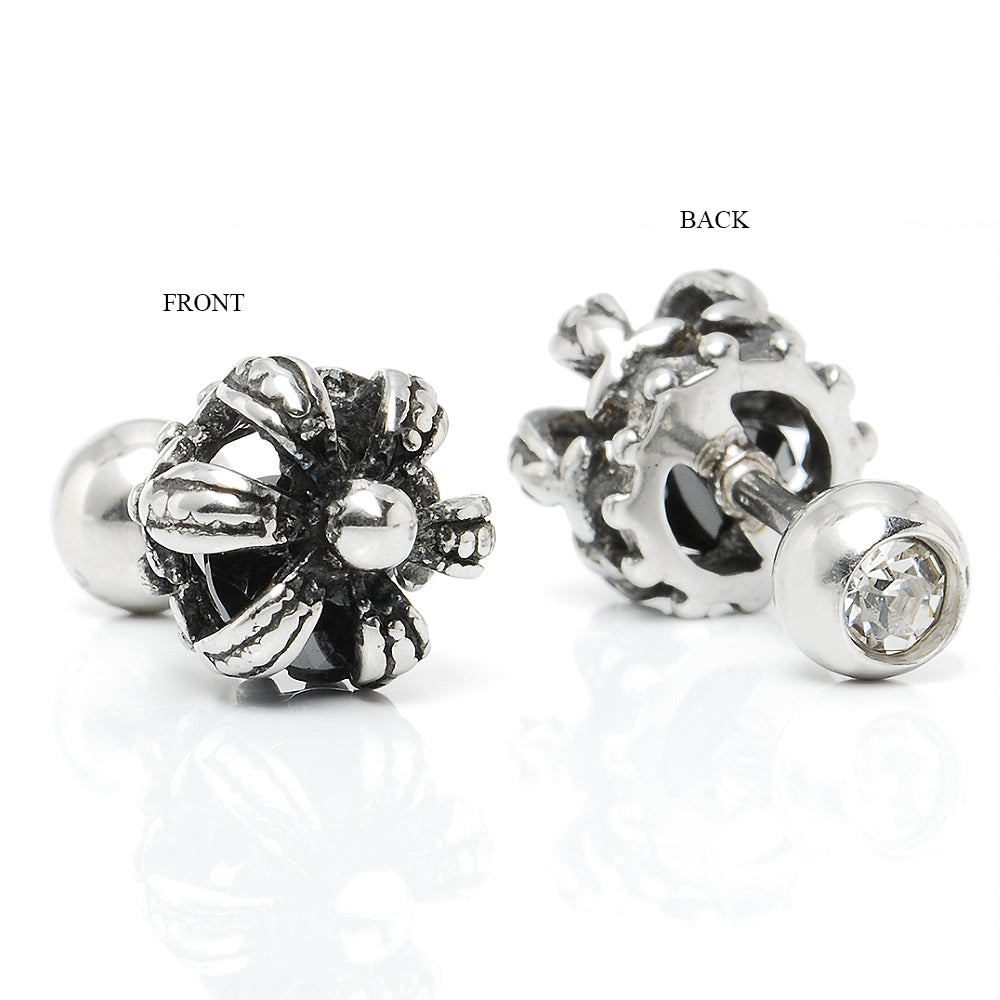 Truelements メンズ レディース 18g ピアス クラウン サージカルステンレス 316L 金属アレルギー対応 王冠 スタッド ネジ式 片耳用 ブラック ジルコニア シルバー 1個売り TEEST-0017 - ディテールビュー