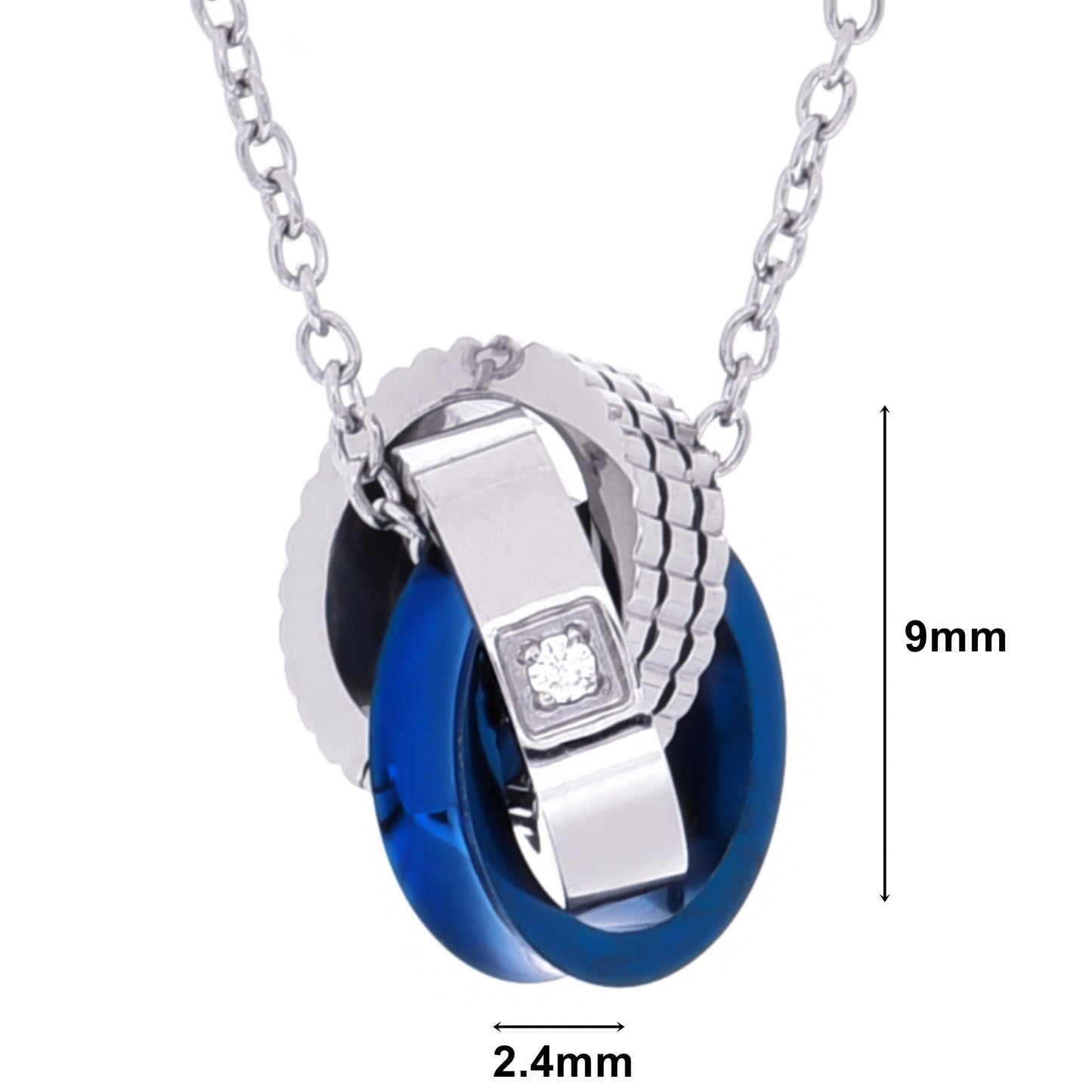 ネックレス レディース メンズ 3連リング シンプル チャーム サージカル ステンレス 金属 アレルギー 316l シルバー ブルー (青) スリーリング サークル ペンダント トップ ジルコニア、ディテールイメージ