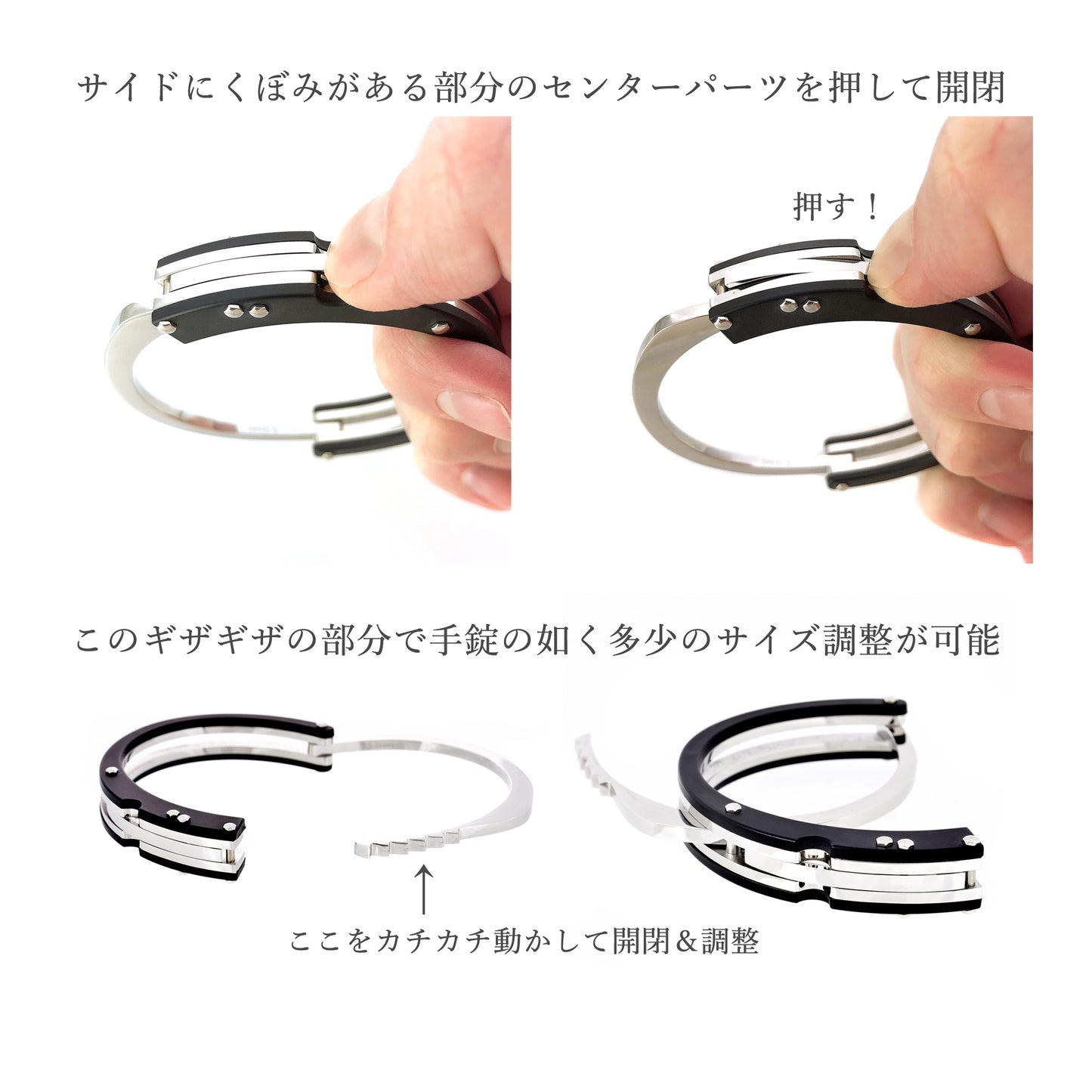 ブレスレットメンズシルバーハンドカフサージカルステンレス金属アレルギー316l手錠バングル、ディテールイメージ