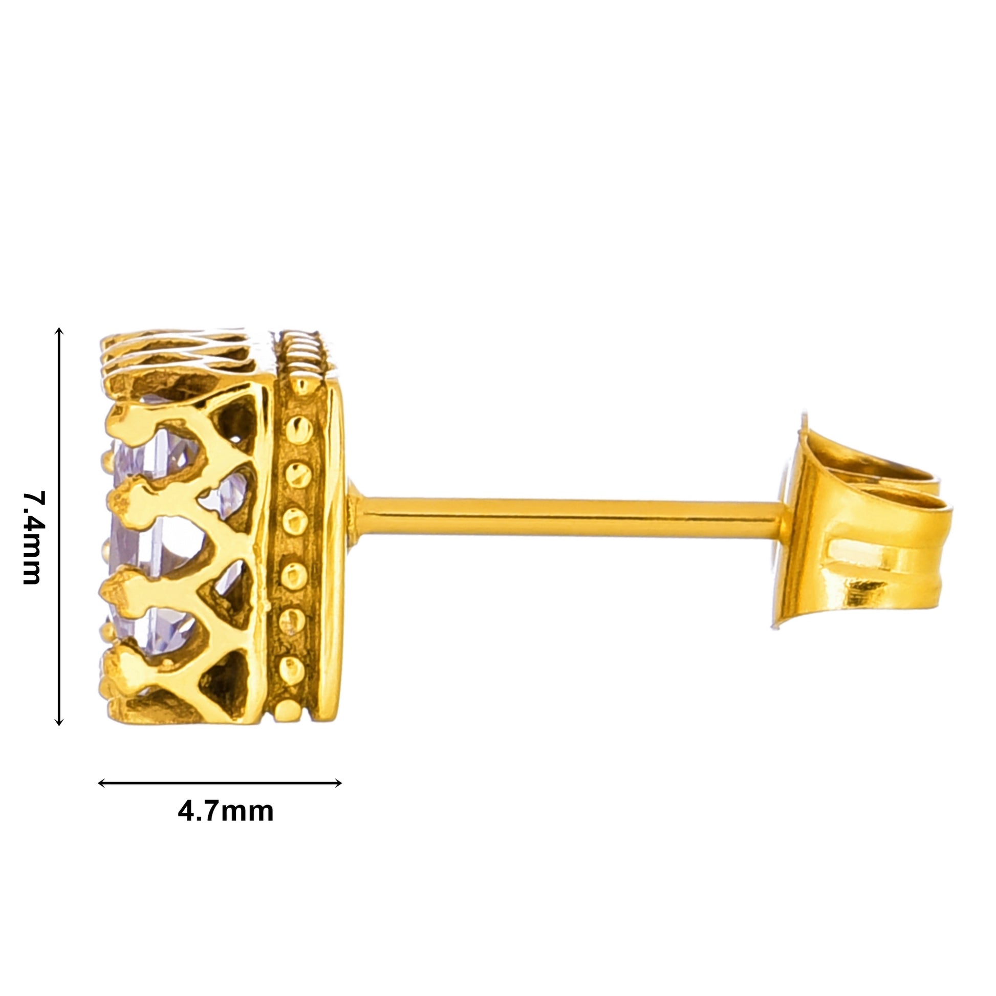 メンズピアスゴールド王冠 サージカルステンレス金属アレルギー 316l 四角クラウンスタッド一粒ジルコニア、ディテールイメージ