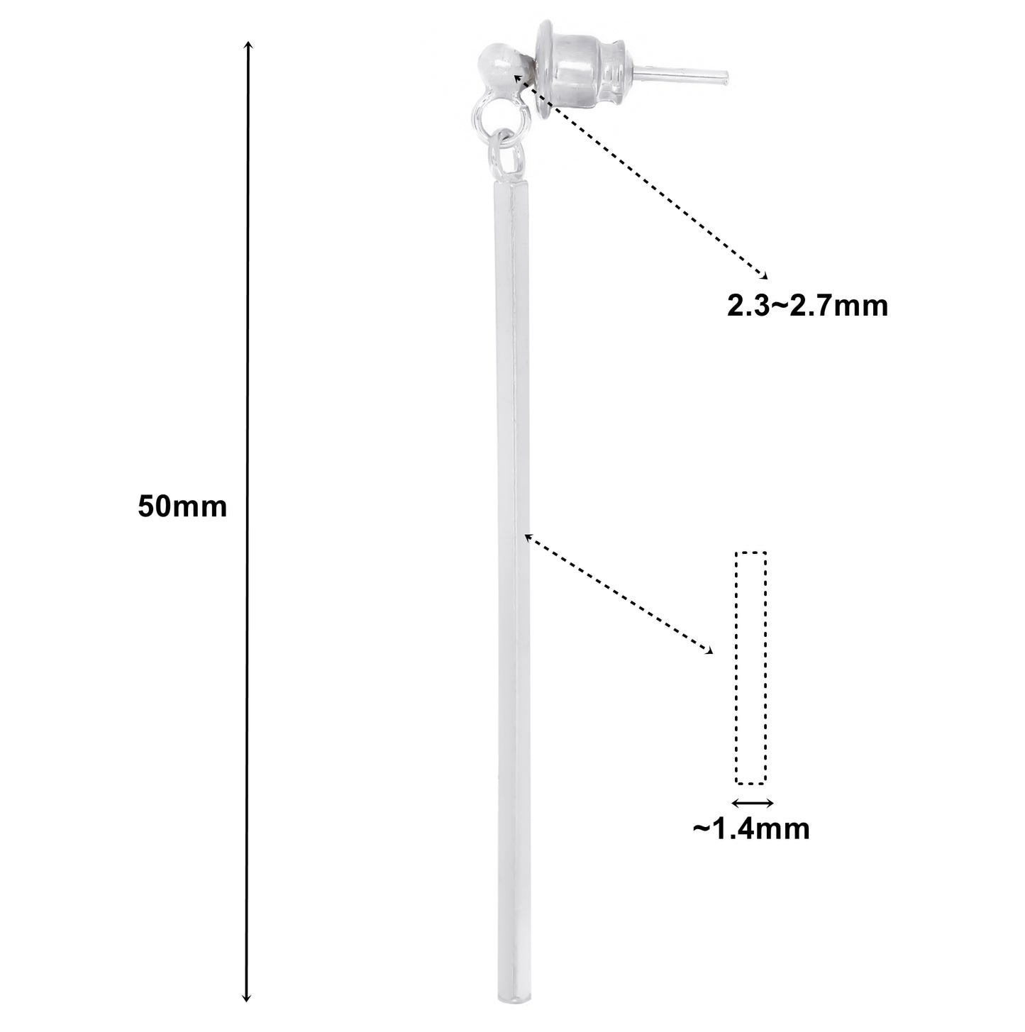 Truelements レディースピアス スーパー ロング スティック サイズ表示 幅2.3~2.7mm 高さ50mm ポスト太さ0.9mm
