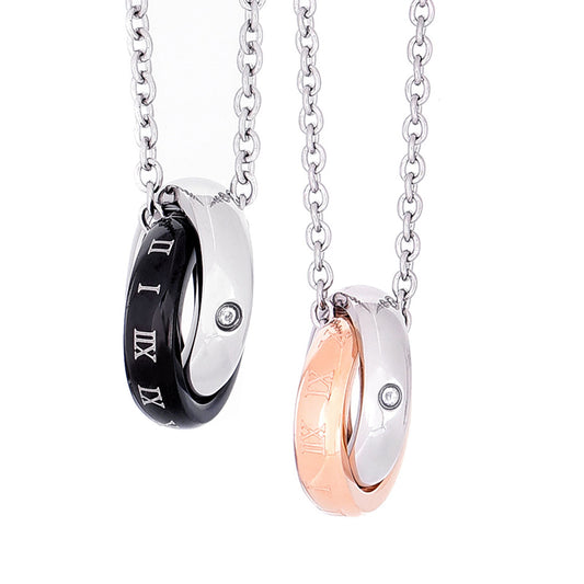 ローマ数字 ペアネックレス サージカルステンレス 金属アレルギー 316L カップル お揃い ネックレス ダブル リング ペンダントトップ ジルコニア
